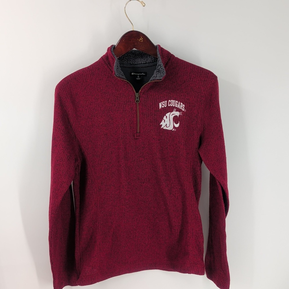 Vtg Washington‎ State Cougars Champion Mens Red Quarter Zip Pullover Sweater S